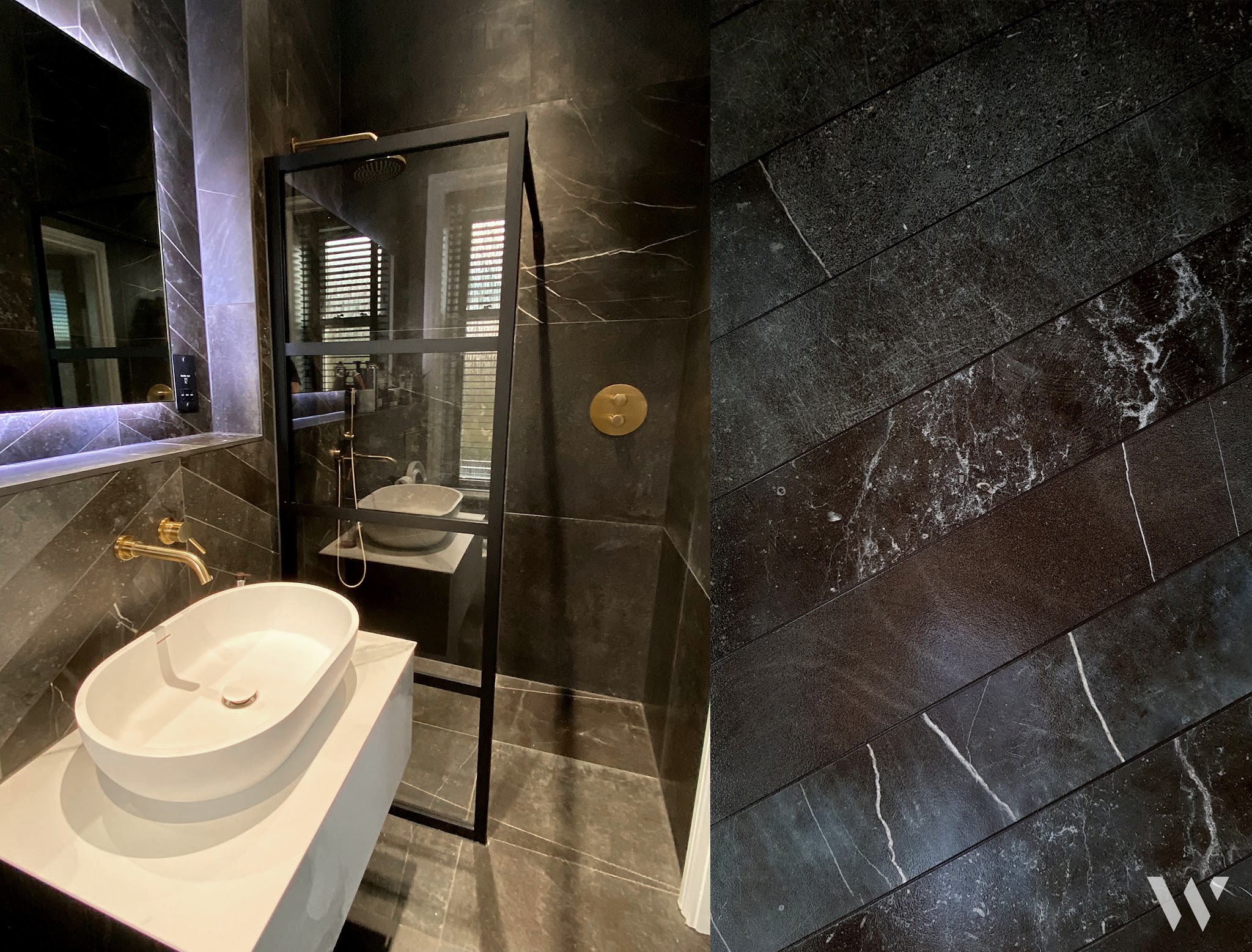 Dark stone bathroom with a brass tap, alongside a close view of the stone tile detail