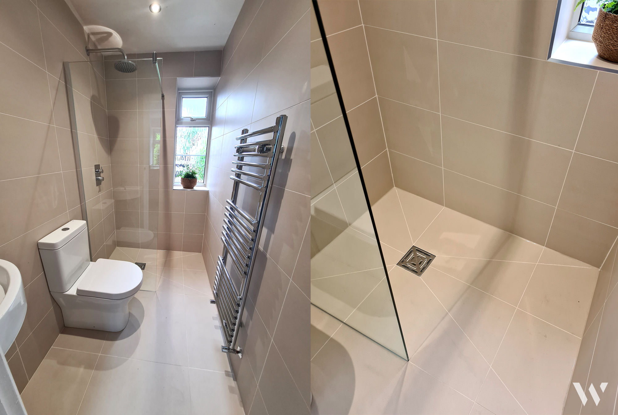 Neutral bathroom tiling, from the whole room to the shower floor.